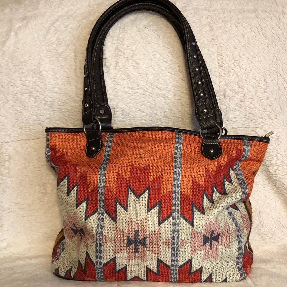 Montana West Southwestern Pattern Orange Tote Bag with Dark Brown Handles